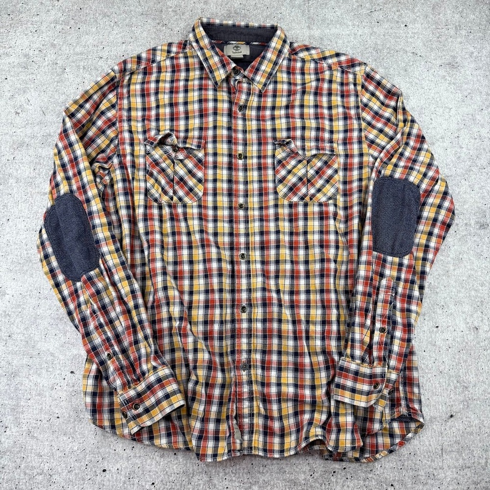 Timberland Elbow Patch Button Up Flannel Shirt Orange Yellow Mens XL Regular